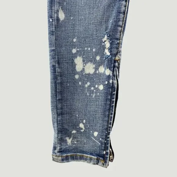 MNML Splash Stretch Denim Jeans Blue Paint Splatter Distressed Ankle Zip 33 - Picture 6 of 8